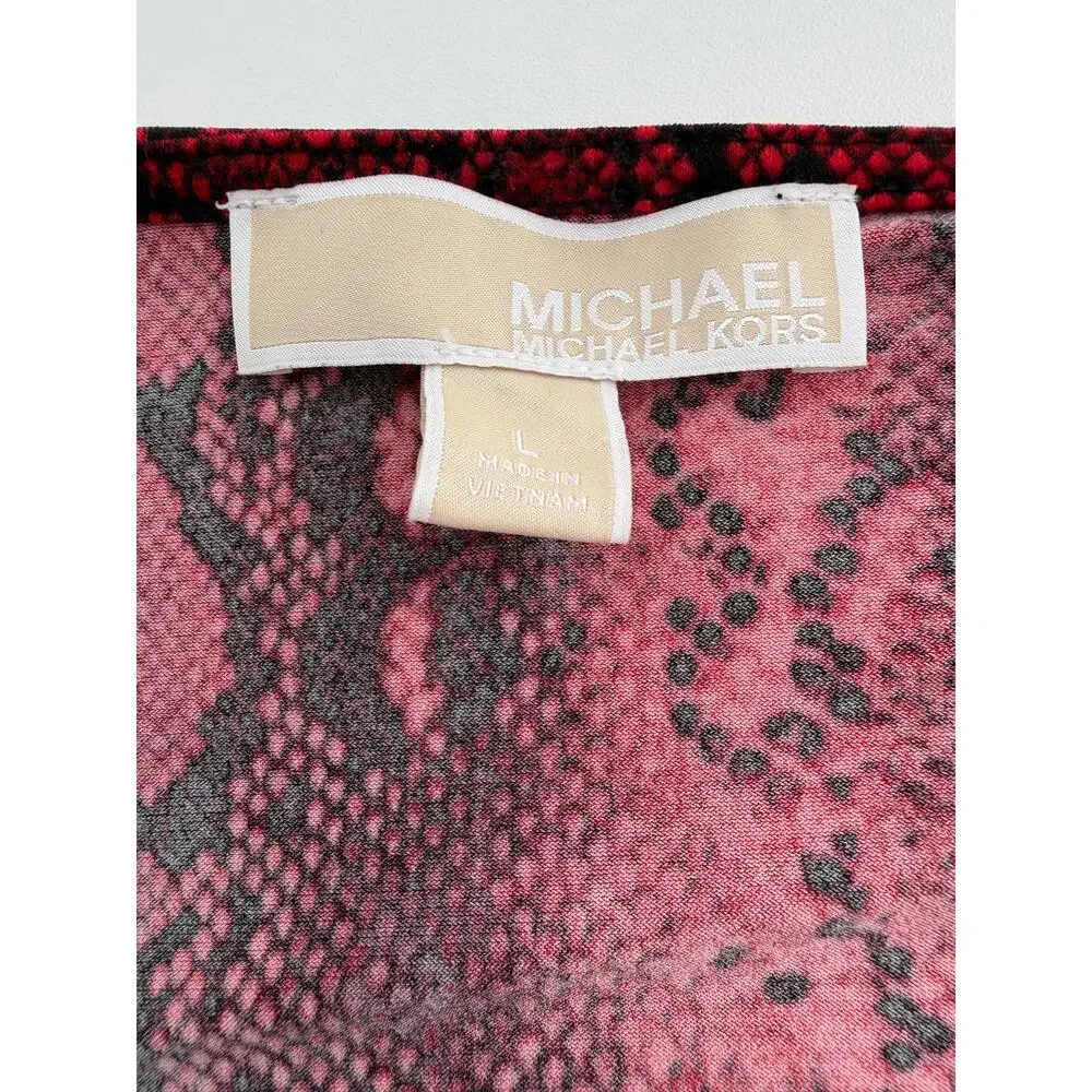 MICHAEL KORS Red Snakeskin Faux Wrap Top L Long Sleeve Side Zip EUC